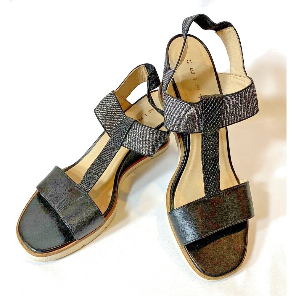 Wirth Sandals Womens 41 (9.5) Black Leather Wedge Elastic T-Strap Metallic City